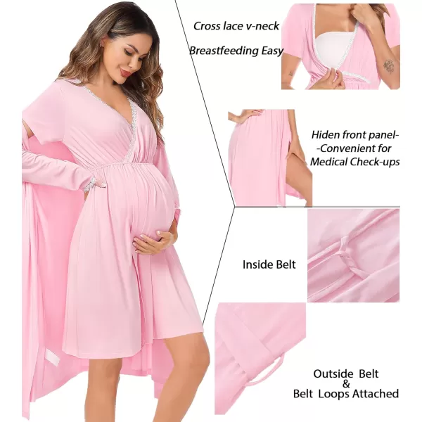 SWOMOG Womens Maternity Nursing Nightgown and Robe Set 3 in 1 Labor Delivery Gown for Breastfeeding Hospital BathrobePink