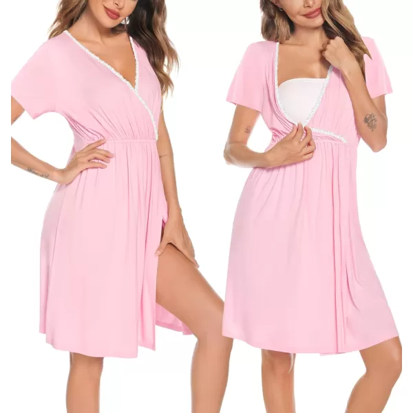 SWOMOG Womens Maternity Nursing Nightgown and Robe Set 3 in 1 Labor Delivery Gown for Breastfeeding Hospital BathrobePink