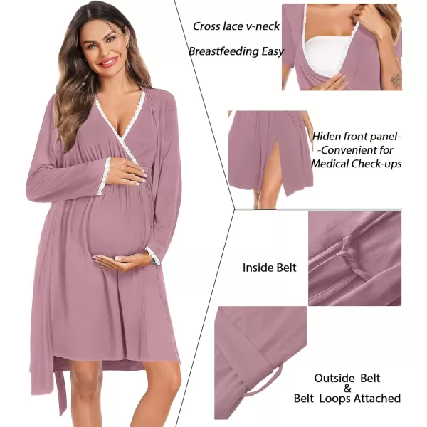 SWOMOG Womens Maternity Nursing Nightgown and Robe Set 3 in 1 Labor Delivery Gown for Breastfeeding Hospital BathrobeTaro Purple