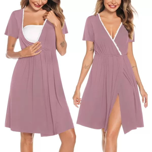 SWOMOG Womens Maternity Nursing Nightgown and Robe Set 3 in 1 Labor Delivery Gown for Breastfeeding Hospital BathrobeTaro Purple