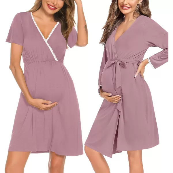 SWOMOG Womens Maternity Nursing Nightgown and Robe Set 3 in 1 Labor Delivery Gown for Breastfeeding Hospital BathrobeTaro Purple