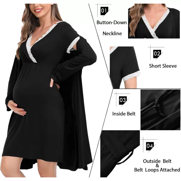 SWOMOG Womens Maternity Nursing Nightgown and Robe Set 3 in 1 PregnancyDeliveryLabor Lace Dress for BreastfeedingAblack