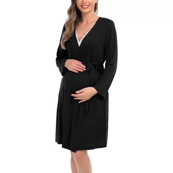 SWOMOG Womens Maternity Nursing Nightgown and Robe Set 3 in 1 PregnancyDeliveryLabor Lace Dress for BreastfeedingAblack