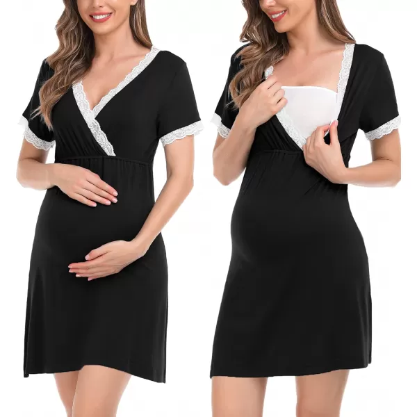 SWOMOG Womens Maternity Nursing Nightgown and Robe Set 3 in 1 PregnancyDeliveryLabor Lace Dress for BreastfeedingAblack