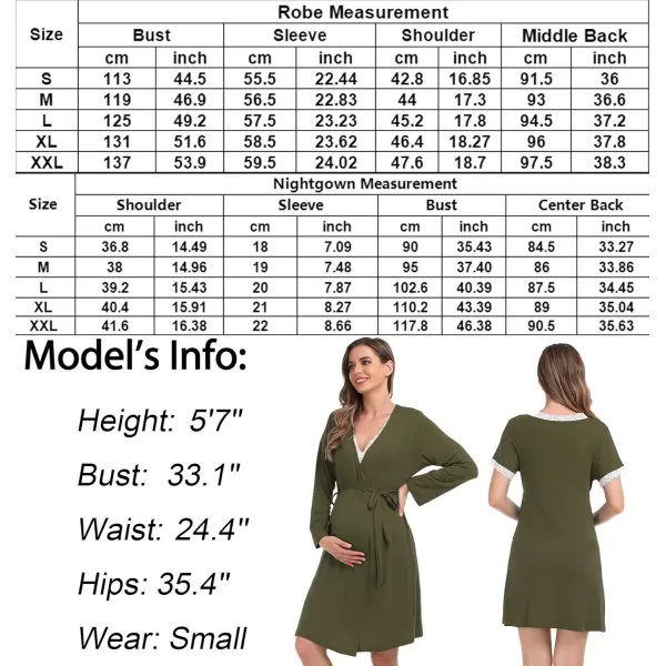 SWOMOG Womens Maternity Nursing Nightgown and Robe Set 3 in 1 PregnancyDeliveryLabor Lace Dress for BreastfeedingArmy Green