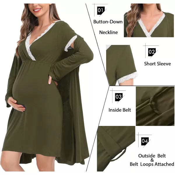 SWOMOG Womens Maternity Nursing Nightgown and Robe Set 3 in 1 PregnancyDeliveryLabor Lace Dress for BreastfeedingArmy Green