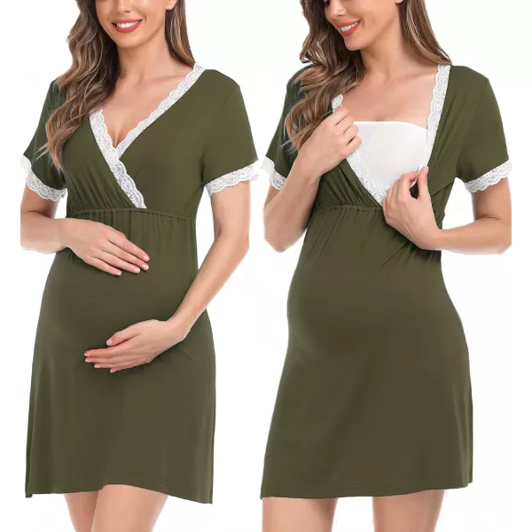 SWOMOG Womens Maternity Nursing Nightgown and Robe Set 3 in 1 PregnancyDeliveryLabor Lace Dress for BreastfeedingArmy Green