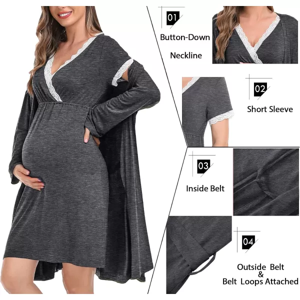 SWOMOG Womens Maternity Nursing Nightgown and Robe Set 3 in 1 PregnancyDeliveryLabor Lace Dress for BreastfeedingDark Gray