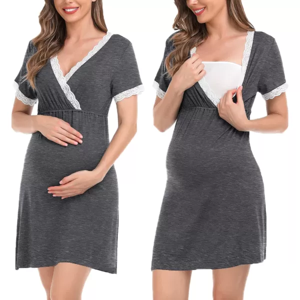 SWOMOG Womens Maternity Nursing Nightgown and Robe Set 3 in 1 PregnancyDeliveryLabor Lace Dress for BreastfeedingDark Gray