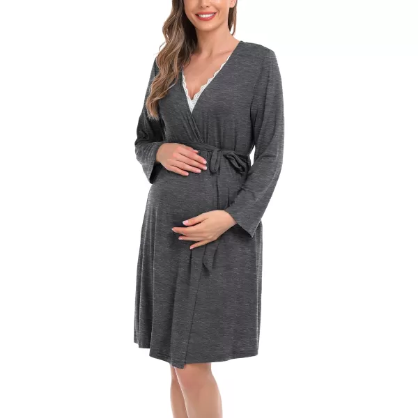 SWOMOG Womens Maternity Nursing Nightgown and Robe Set 3 in 1 PregnancyDeliveryLabor Lace Dress for BreastfeedingDark Gray