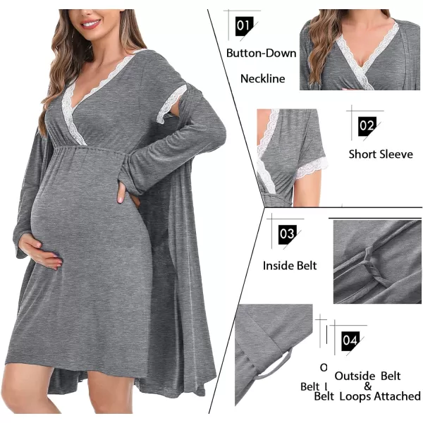 SWOMOG Womens Maternity Nursing Nightgown and Robe Set 3 in 1 PregnancyDeliveryLabor Lace Dress for BreastfeedingGray