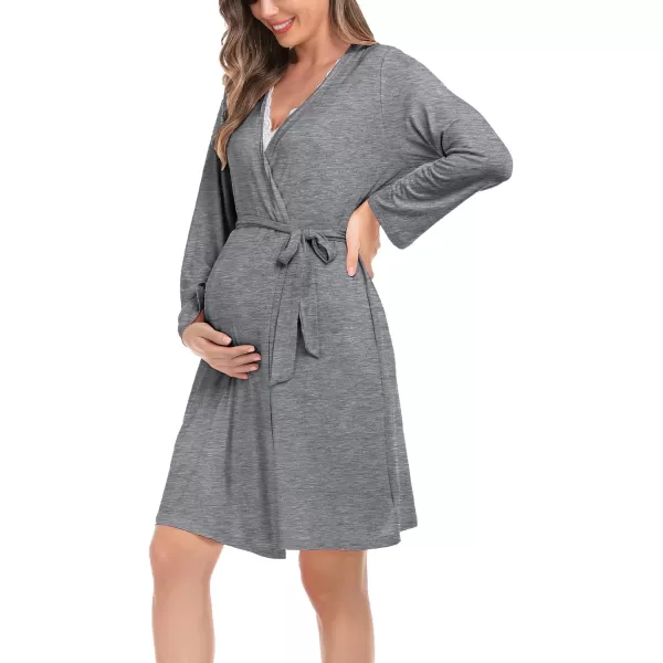 SWOMOG Womens Maternity Nursing Nightgown and Robe Set 3 in 1 PregnancyDeliveryLabor Lace Dress for BreastfeedingGray