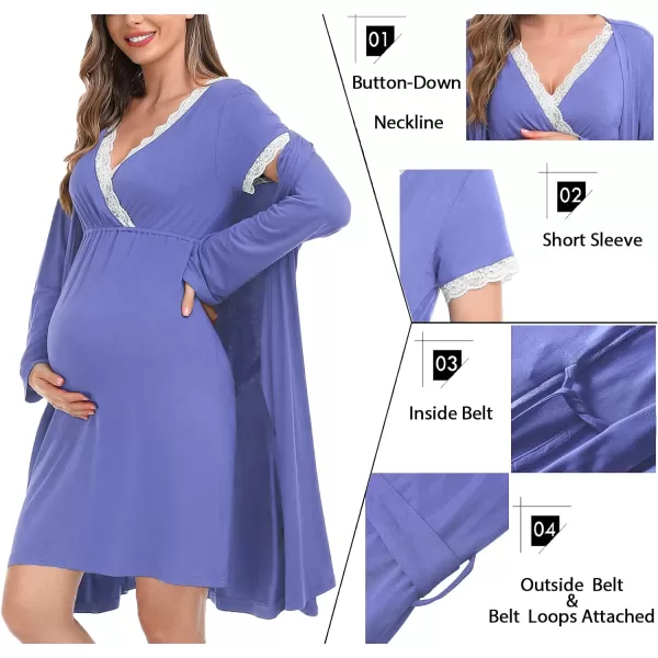 SWOMOG Womens Maternity Nursing Nightgown and Robe Set 3 in 1 PregnancyDeliveryLabor Lace Dress for BreastfeedingLavender