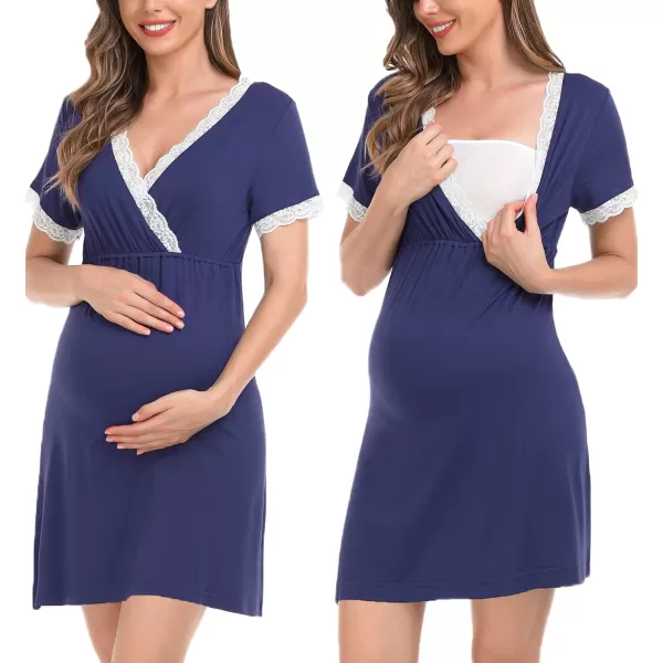 SWOMOG Womens Maternity Nursing Nightgown and Robe Set 3 in 1 PregnancyDeliveryLabor Lace Dress for BreastfeedingNavy Blue