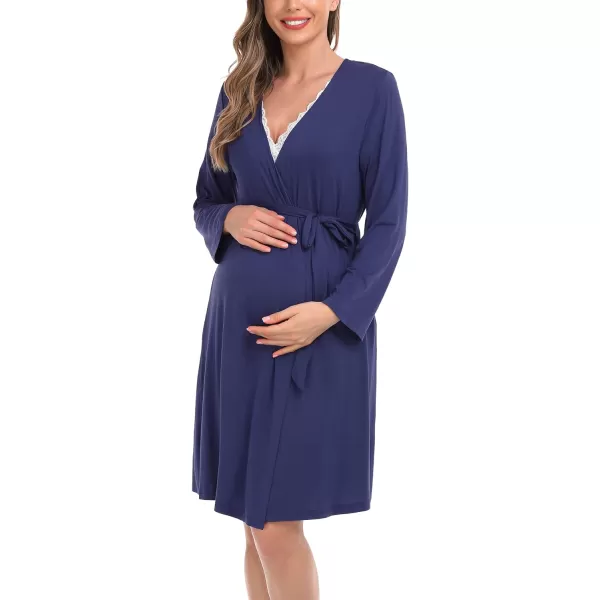 SWOMOG Womens Maternity Nursing Nightgown and Robe Set 3 in 1 PregnancyDeliveryLabor Lace Dress for BreastfeedingNavy Blue