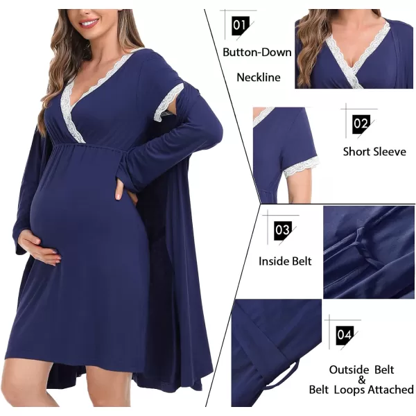 SWOMOG Womens Maternity Nursing Nightgown and Robe Set 3 in 1 PregnancyDeliveryLabor Lace Dress for BreastfeedingNavy Blue