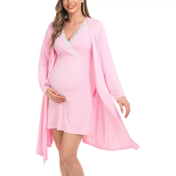 SWOMOG Womens Maternity Nursing Nightgown and Robe Set 3 in 1 PregnancyDeliveryLabor Lace Dress for BreastfeedingPink