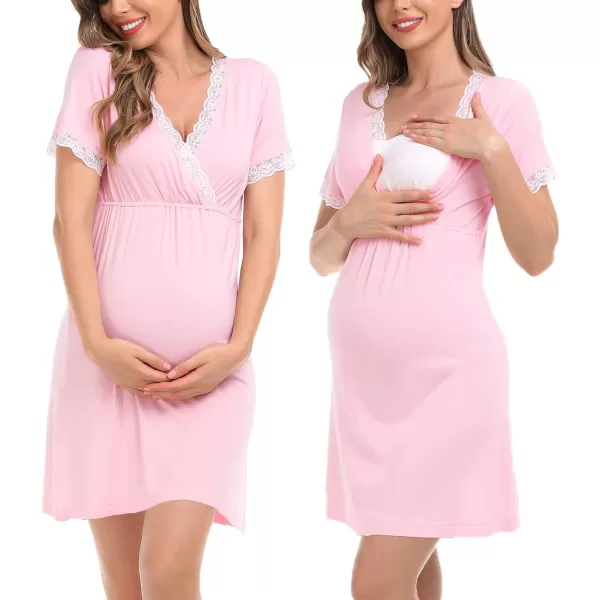 SWOMOG Womens Maternity Nursing Nightgown and Robe Set 3 in 1 PregnancyDeliveryLabor Lace Dress for BreastfeedingPink