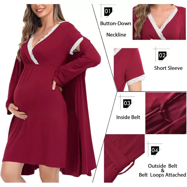 SWOMOG Womens Maternity Nursing Nightgown and Robe Set 3 in 1 PregnancyDeliveryLabor Lace Dress for BreastfeedingWine Red