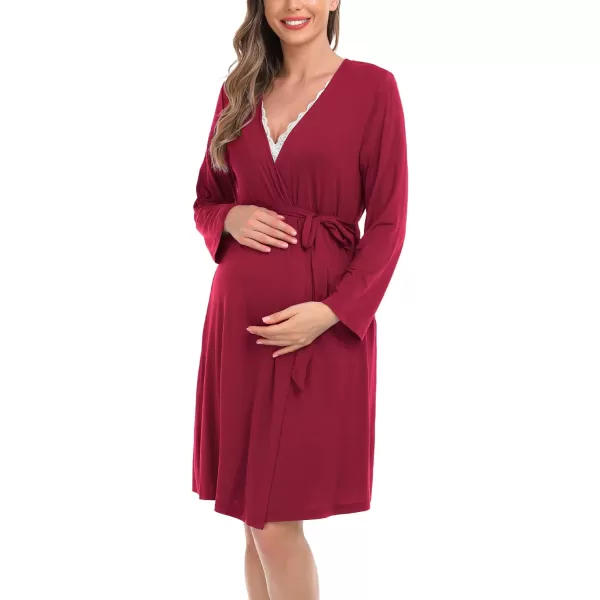 SWOMOG Womens Maternity Nursing Nightgown and Robe Set 3 in 1 PregnancyDeliveryLabor Lace Dress for BreastfeedingWine Red