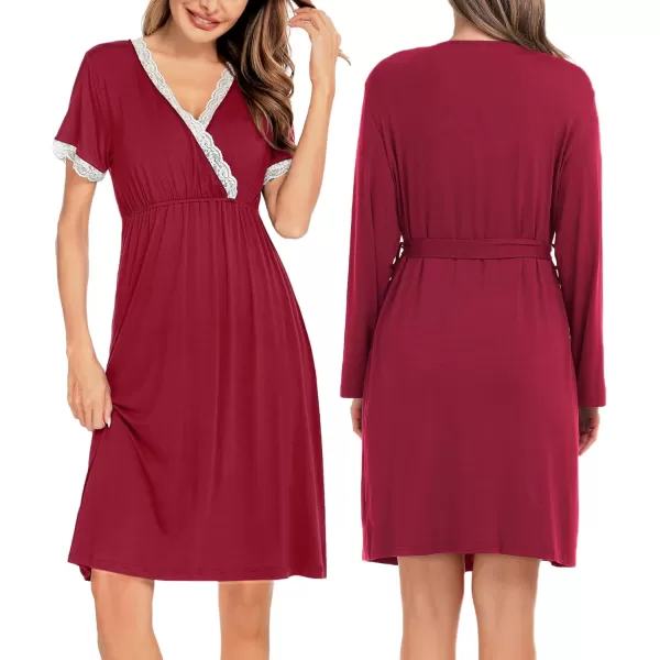 SWOMOG Womens Maternity Nursing Nightgown and Robe Set 3 in 1 PregnancyDeliveryLabor Lace Dress for BreastfeedingWine Red