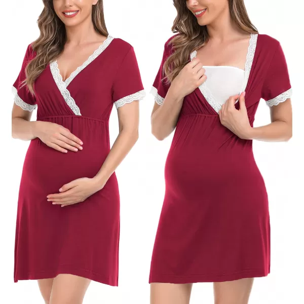 SWOMOG Womens Maternity Nursing Nightgown and Robe Set 3 in 1 PregnancyDeliveryLabor Lace Dress for BreastfeedingWine Red