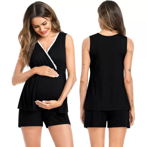 SWOMOG Womens Maternity Nursing Pajama Set with Robe 3 Piece Breastfeeding Sleepwear Sleeveless Top amp Shorts Pregnancy PJsBlack