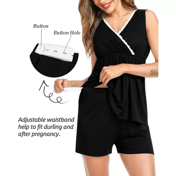 SWOMOG Womens Maternity Nursing Pajama Set with Robe 3 Piece Breastfeeding Sleepwear Sleeveless Top amp Shorts Pregnancy PJsBlack