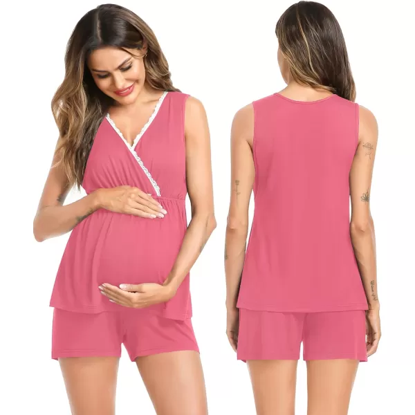 SWOMOG Womens Maternity Nursing Pajama Set with Robe 3 Piece Breastfeeding Sleepwear Sleeveless Top amp Shorts Pregnancy PJsCoral