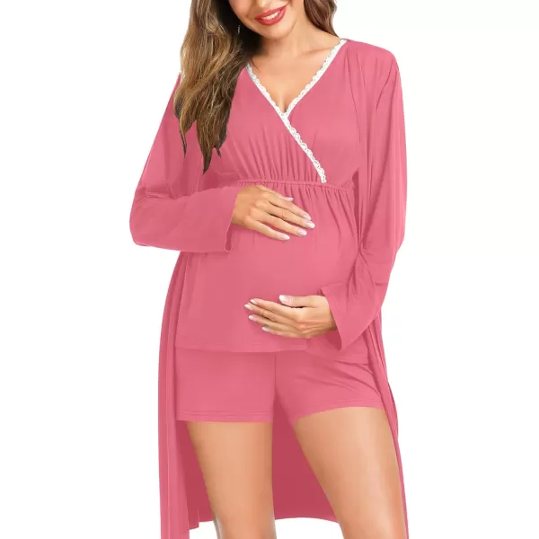 SWOMOG Womens Maternity Nursing Pajama Set with Robe 3 Piece Breastfeeding Sleepwear Sleeveless Top amp Shorts Pregnancy PJsCoral