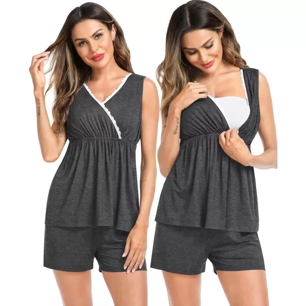 SWOMOG Womens Maternity Nursing Pajama Set with Robe 3 Piece Breastfeeding Sleepwear Sleeveless Top amp Shorts Pregnancy PJsDeep Grey