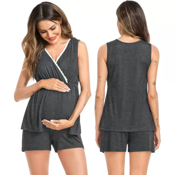 SWOMOG Womens Maternity Nursing Pajama Set with Robe 3 Piece Breastfeeding Sleepwear Sleeveless Top amp Shorts Pregnancy PJsDeep Grey