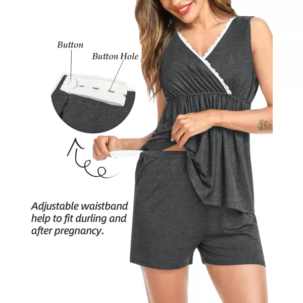 SWOMOG Womens Maternity Nursing Pajama Set with Robe 3 Piece Breastfeeding Sleepwear Sleeveless Top amp Shorts Pregnancy PJsDeep Grey