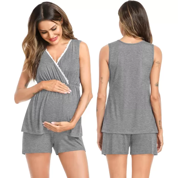 SWOMOG Womens Maternity Nursing Pajama Set with Robe 3 Piece Breastfeeding Sleepwear Sleeveless Top amp Shorts Pregnancy PJsGrey