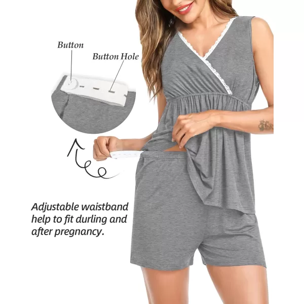 SWOMOG Womens Maternity Nursing Pajama Set with Robe 3 Piece Breastfeeding Sleepwear Sleeveless Top amp Shorts Pregnancy PJsGrey