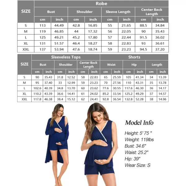 SWOMOG Womens Maternity Nursing Pajama Set with Robe 3 Piece Breastfeeding Sleepwear Sleeveless Top amp Shorts Pregnancy PJsNavy Blue