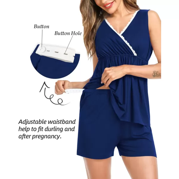 SWOMOG Womens Maternity Nursing Pajama Set with Robe 3 Piece Breastfeeding Sleepwear Sleeveless Top amp Shorts Pregnancy PJsNavy Blue