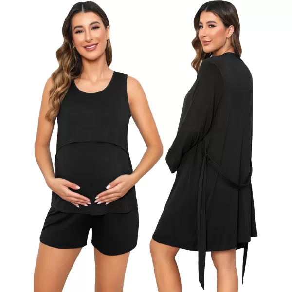 SWOMOG Womens Maternity Nursing Robe Set 3 Piece Pajamas for Breastfeeding 3 in 1 Pregnancy Labor Delivery Hospital PjsBlack