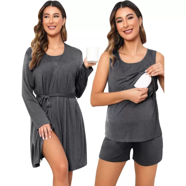 SWOMOG Womens Maternity Nursing Robe Set 3 Piece Pajamas for Breastfeeding 3 in 1 Pregnancy Labor Delivery Hospital PjsDeep Grey