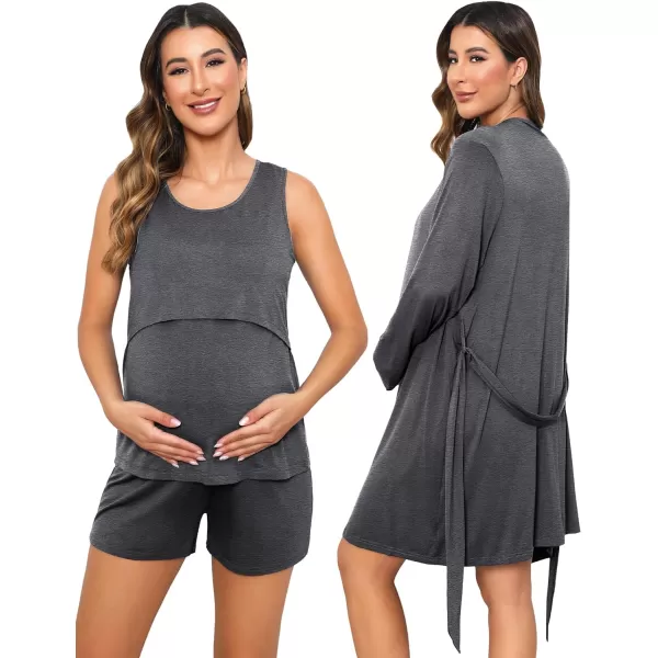 SWOMOG Womens Maternity Nursing Robe Set 3 Piece Pajamas for Breastfeeding 3 in 1 Pregnancy Labor Delivery Hospital PjsDeep Grey