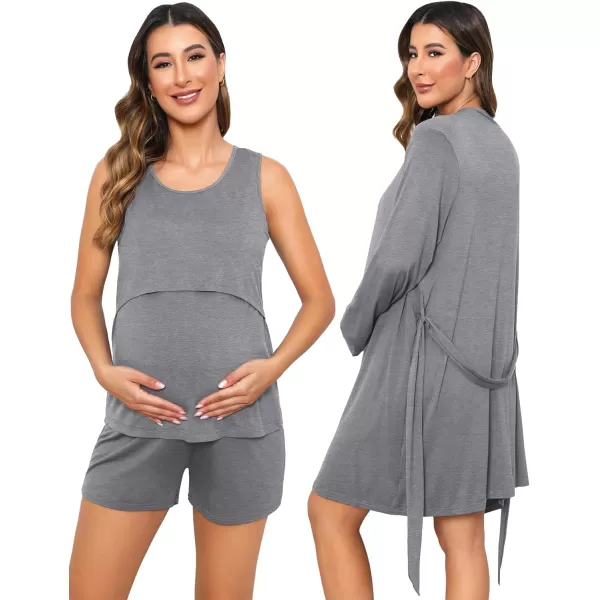 SWOMOG Womens Maternity Nursing Robe Set 3 Piece Pajamas for Breastfeeding 3 in 1 Pregnancy Labor Delivery Hospital PjsGrey