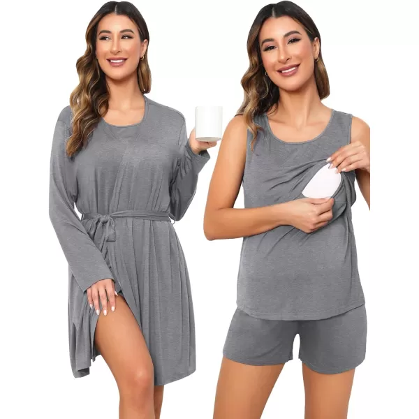 SWOMOG Womens Maternity Nursing Robe Set 3 Piece Pajamas for Breastfeeding 3 in 1 Pregnancy Labor Delivery Hospital PjsGrey