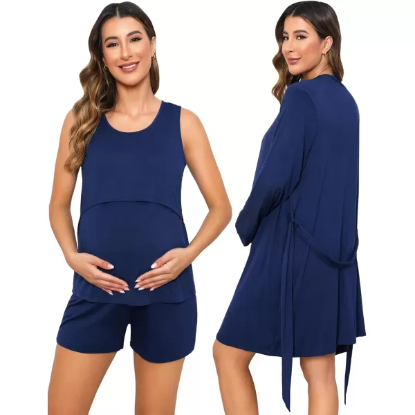 SWOMOG Womens Maternity Nursing Robe Set 3 Piece Pajamas for Breastfeeding 3 in 1 Pregnancy Labor Delivery Hospital PjsNavy Blue