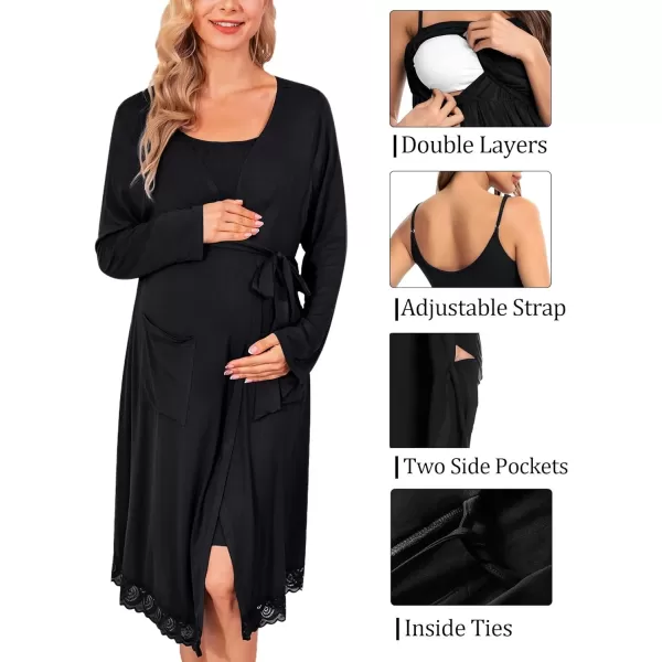 SWOMOG Womens Maternity Robe 2 Piece Nursing Nightgown and Robe Set 3 in 1 Hospital Breastfeeding Bathrobe with PocketsBlack