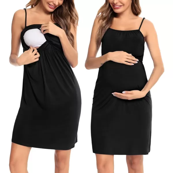 SWOMOG Womens Maternity Robe 2 Piece Nursing Nightgown and Robe Set 3 in 1 Hospital Breastfeeding Bathrobe with PocketsBlack