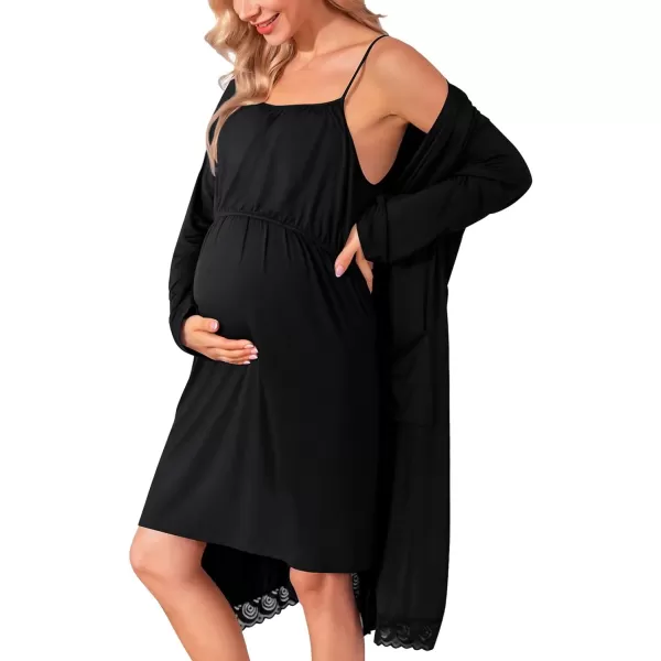 SWOMOG Womens Maternity Robe 2 Piece Nursing Nightgown and Robe Set 3 in 1 Hospital Breastfeeding Bathrobe with PocketsBlack