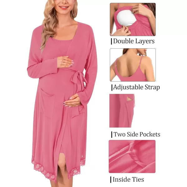 SWOMOG Womens Maternity Robe 2 Piece Nursing Nightgown and Robe Set 3 in 1 Hospital Breastfeeding Bathrobe with PocketsCoral