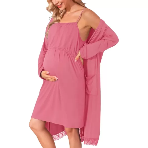 SWOMOG Womens Maternity Robe 2 Piece Nursing Nightgown and Robe Set 3 in 1 Hospital Breastfeeding Bathrobe with PocketsCoral