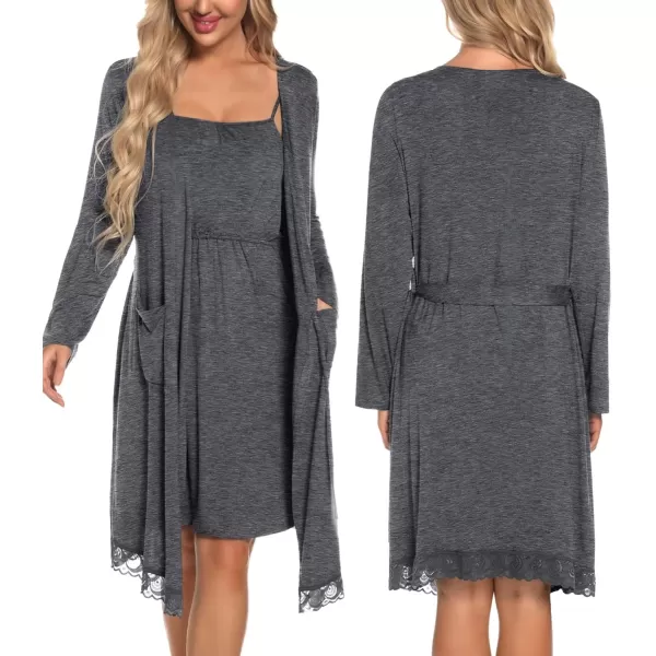 SWOMOG Womens Maternity Robe 2 Piece Nursing Nightgown and Robe Set 3 in 1 Hospital Breastfeeding Bathrobe with PocketsDark Grey