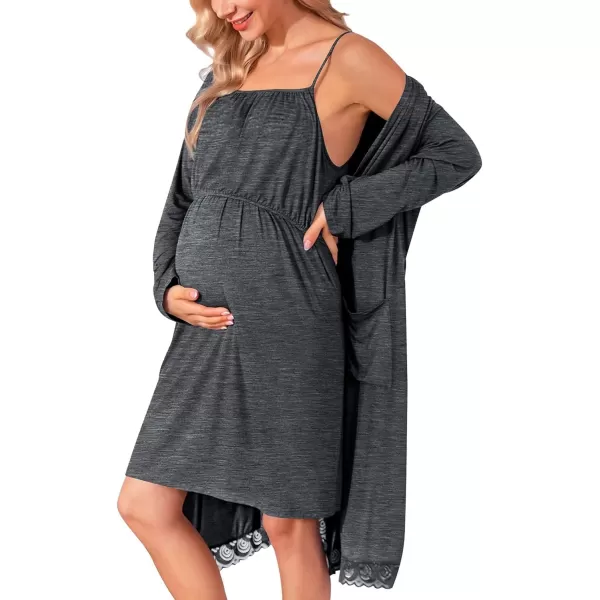 SWOMOG Womens Maternity Robe 2 Piece Nursing Nightgown and Robe Set 3 in 1 Hospital Breastfeeding Bathrobe with PocketsDark Grey